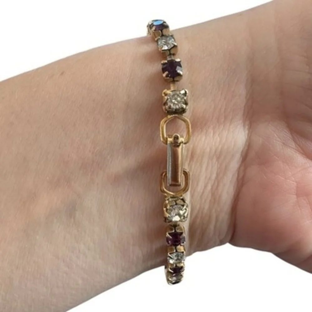 Vintage Gold Plated Tennis Bracelet Purple Clear Crystal Rhinestones 7 In VG